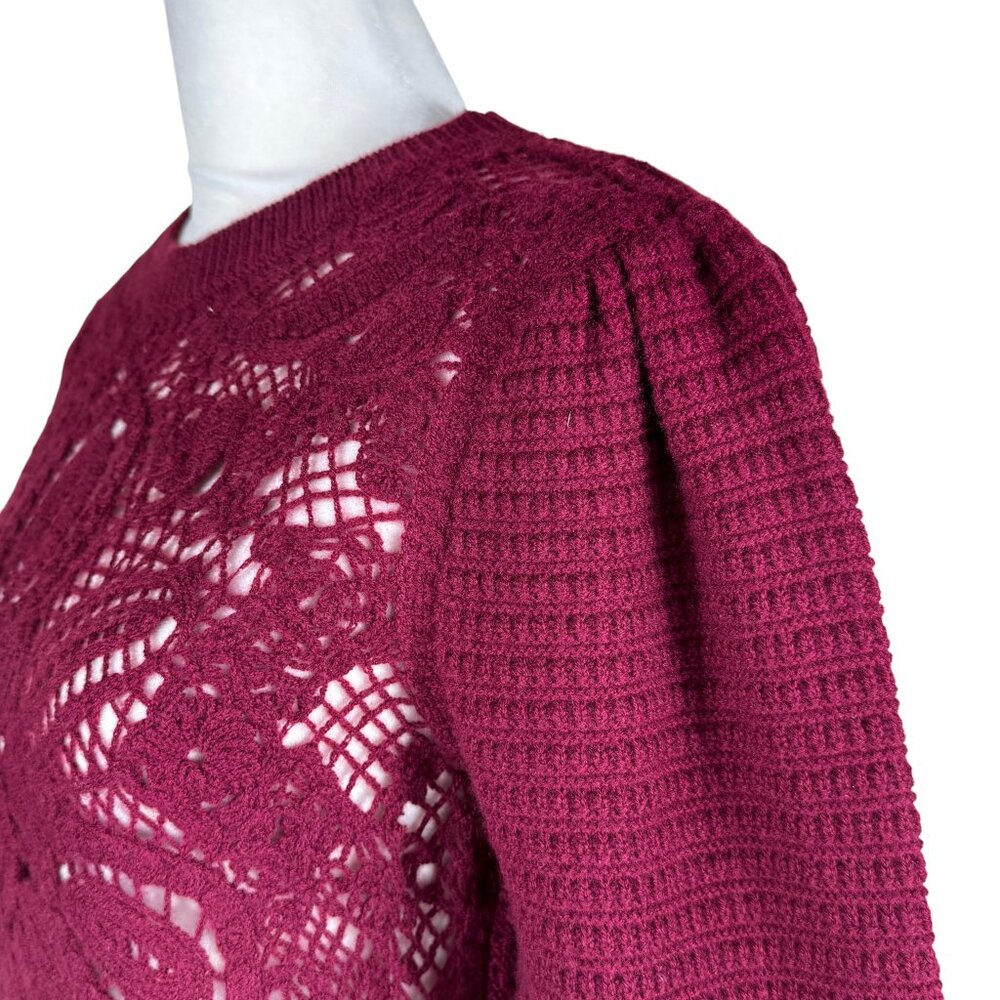 Joie Burgundy Embroidered Knit Puff Sleeve Sweater Sheer Front Size S - Picture 7 of 11